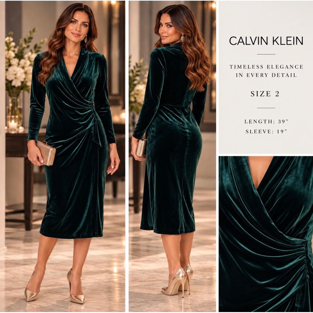 Calvin Klein Deep Green Velvet Draped Ruched Midi Dress Long Sleeve Size 2